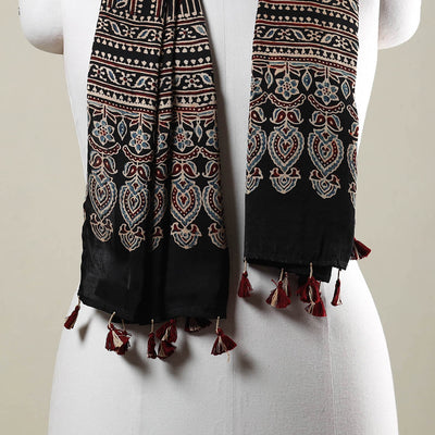Black - Ajrakh Hand Block Printed Modal Silk Stole with Tassels