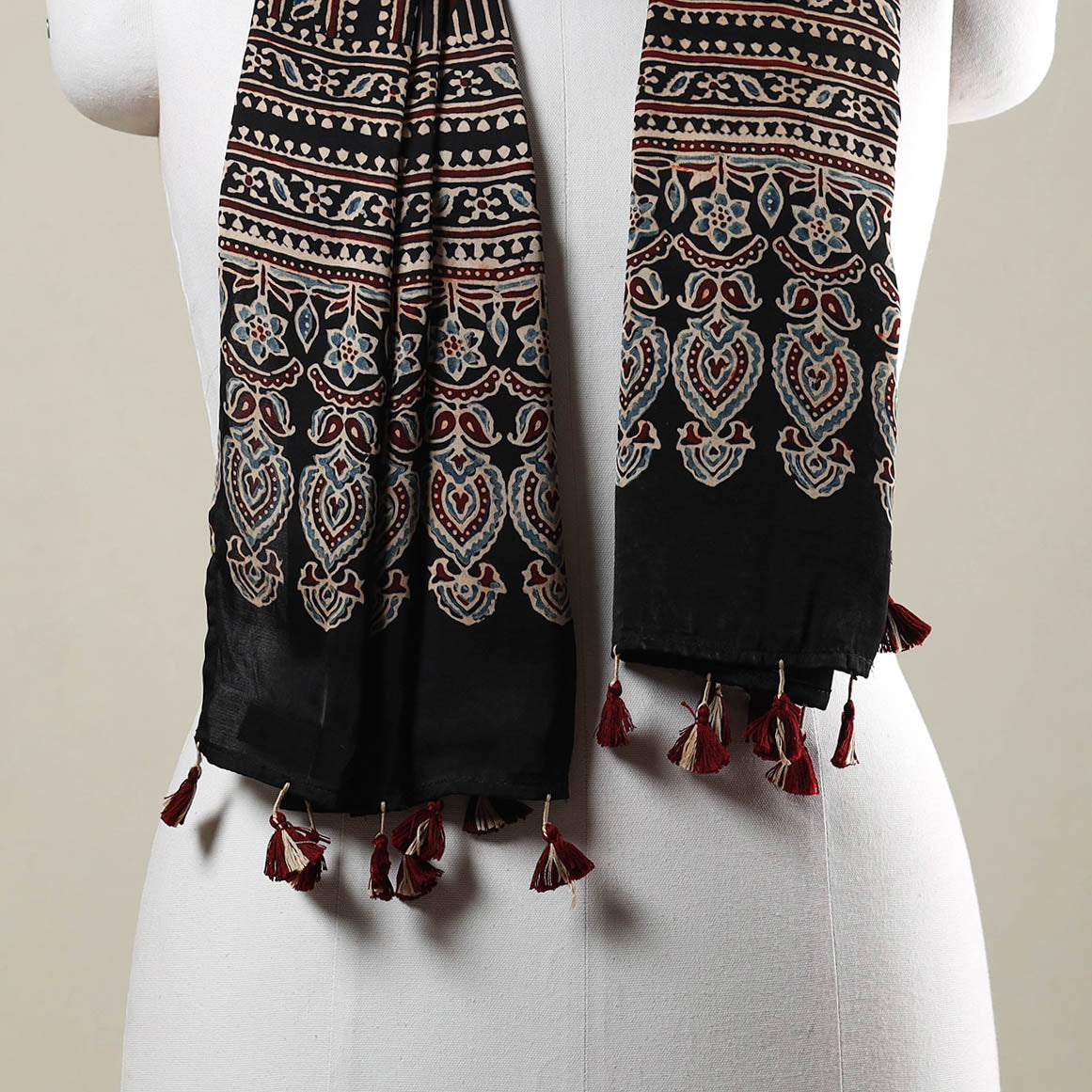 Black - Ajrakh Hand Block Printed Modal Silk Stole with Tassels
