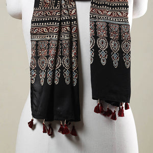 Black - Ajrakh Hand Block Printed Modal Silk Stole with Tassels