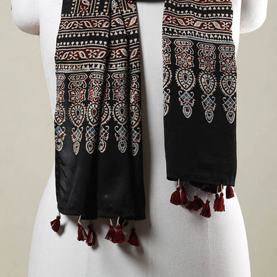 Black - Ajrakh Hand Block Printed Modal Silk Stole with Tassels