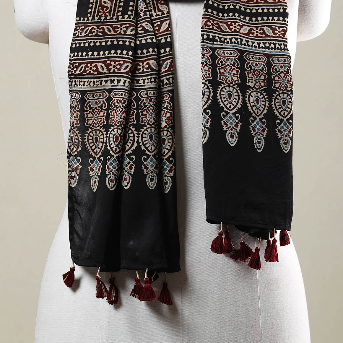Black - Ajrakh Hand Block Printed Modal Silk Stole with Tassels