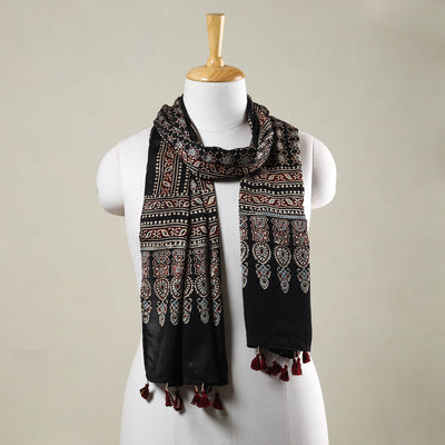 Black - Ajrakh Hand Block Printed Modal Silk Stole with Tassels