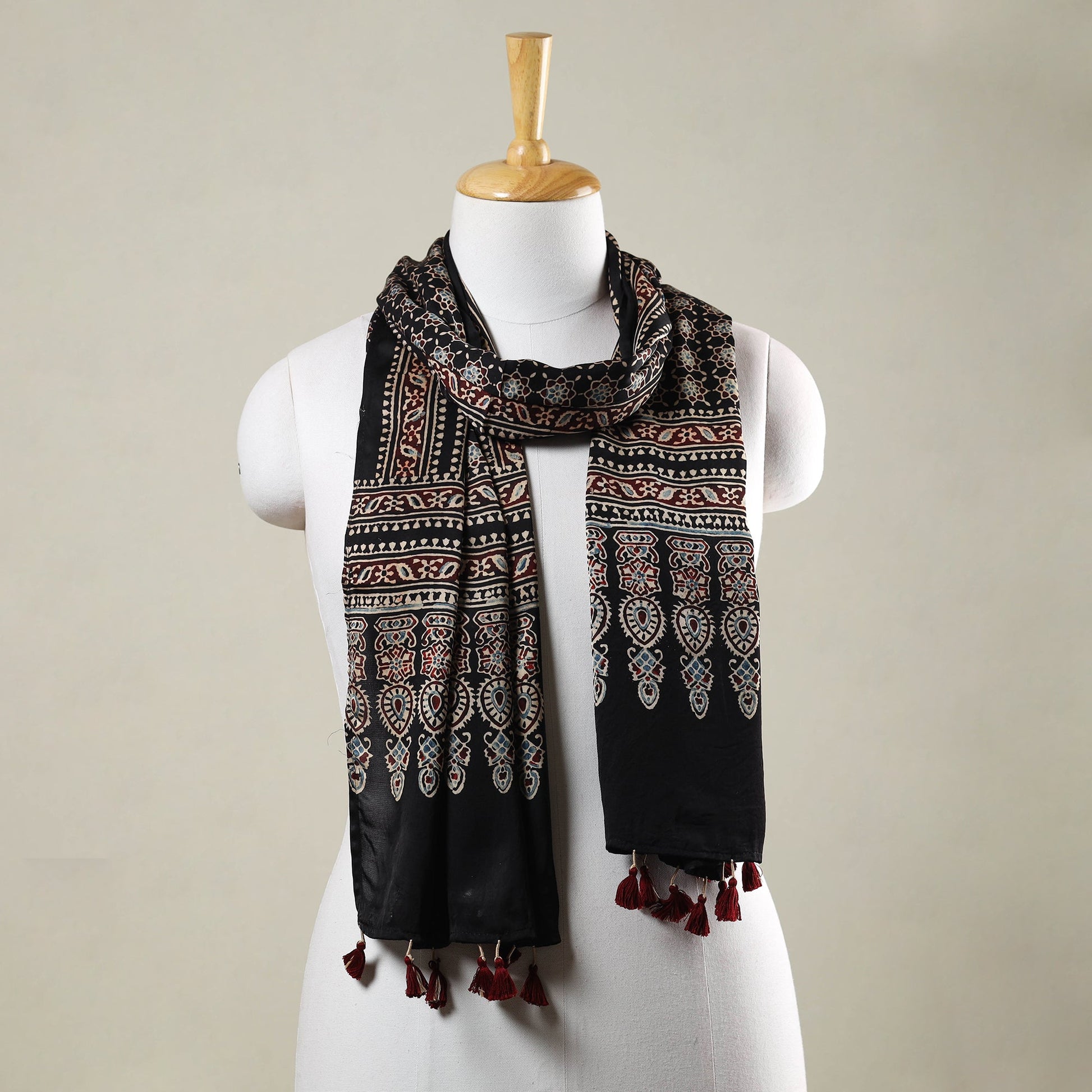 Black - Ajrakh Hand Block Printed Modal Silk Stole with Tassels