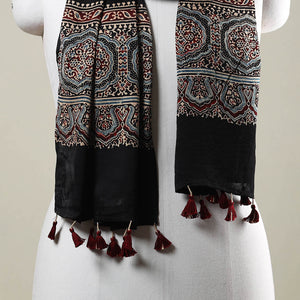 Black - Ajrakh Hand Block Printed Modal Silk Stole with Tassels