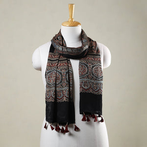 Black - Ajrakh Hand Block Printed Modal Silk Stole with Tassels
