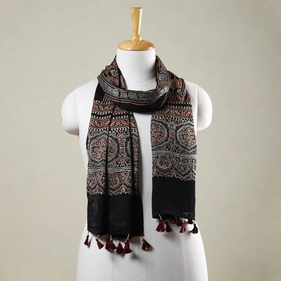 Black - Ajrakh Hand Block Printed Modal Silk Stole with Tassels