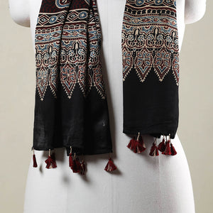 Black - Ajrakh Hand Block Printed Modal Silk Stole with Tassels