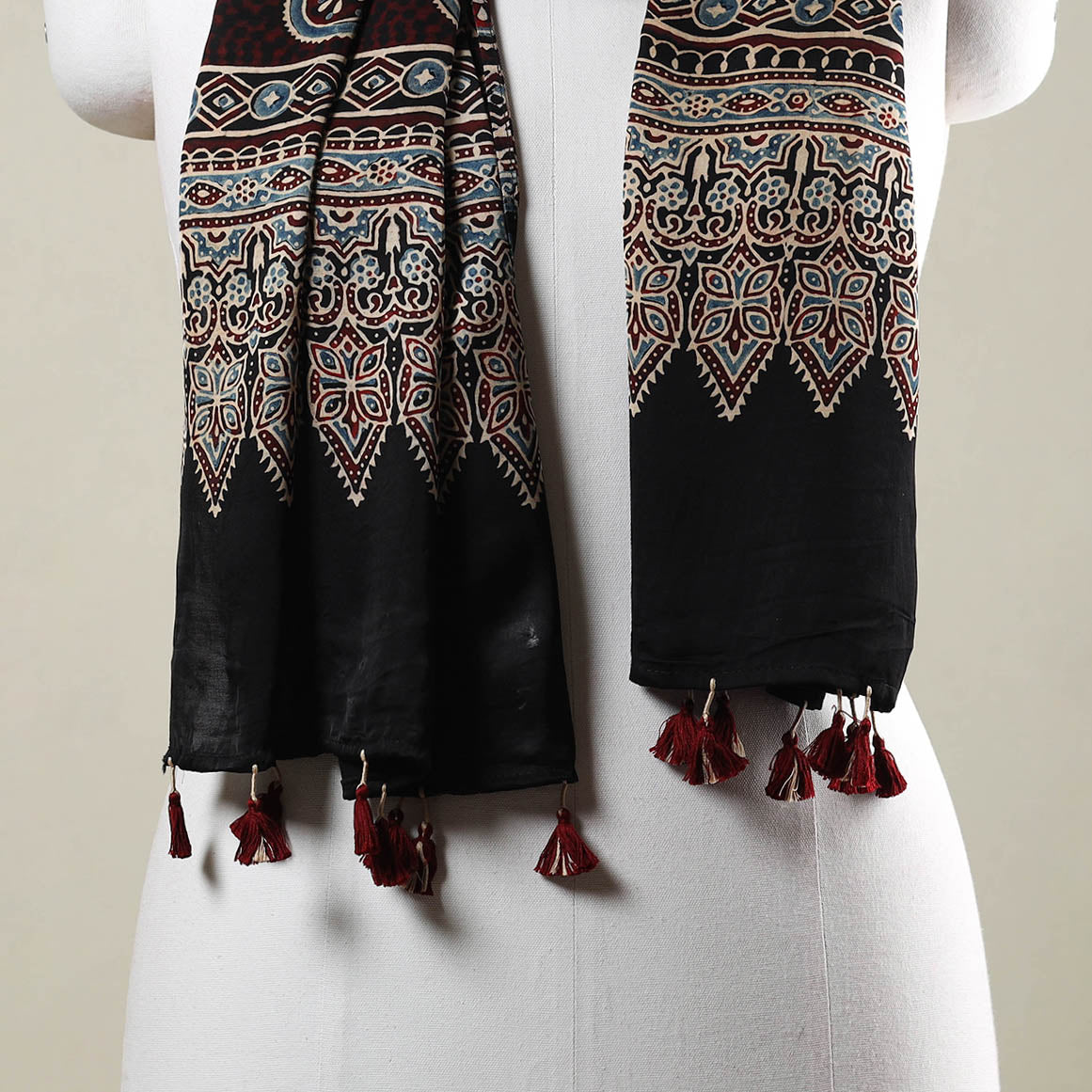 Black - Ajrakh Hand Block Printed Modal Silk Stole with Tassels