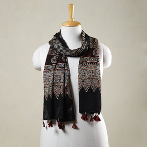 Black - Ajrakh Hand Block Printed Modal Silk Stole with Tassels