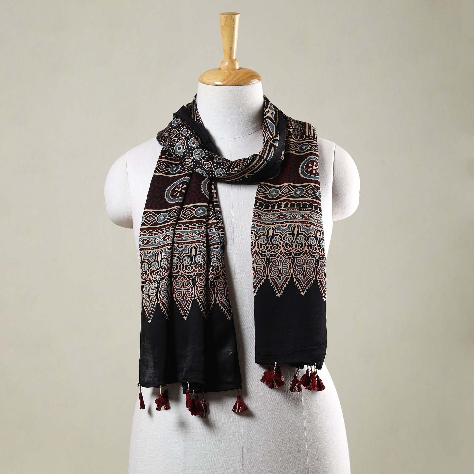 Black - Ajrakh Hand Block Printed Modal Silk Stole with Tassels