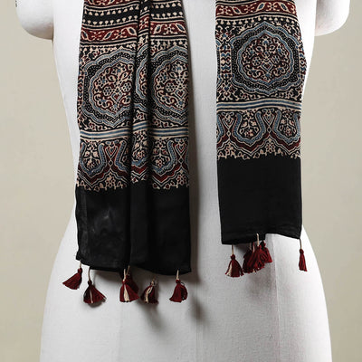 Black - Ajrakh Hand Block Printed Modal Silk Stole with Tassels