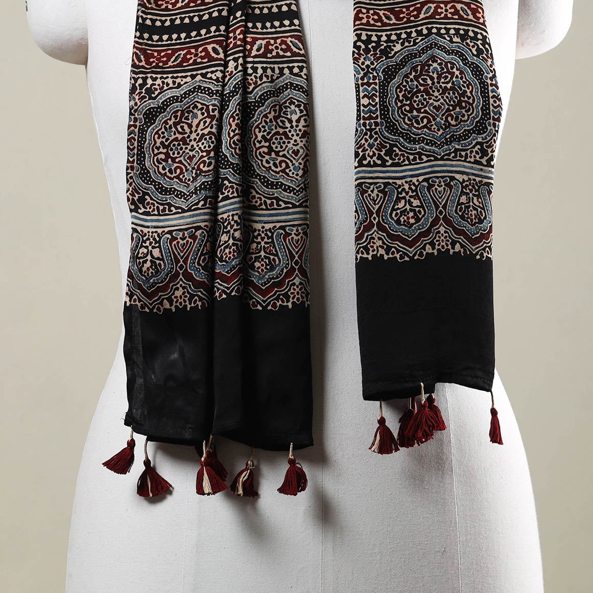Black - Ajrakh Hand Block Printed Modal Silk Stole with Tassels
