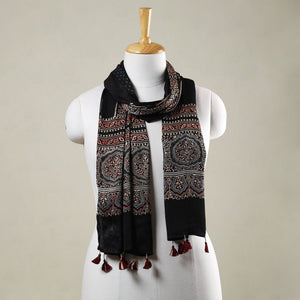 Black - Ajrakh Hand Block Printed Modal Silk Stole with Tassels