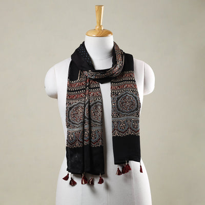 Black - Ajrakh Hand Block Printed Modal Silk Stole with Tassels