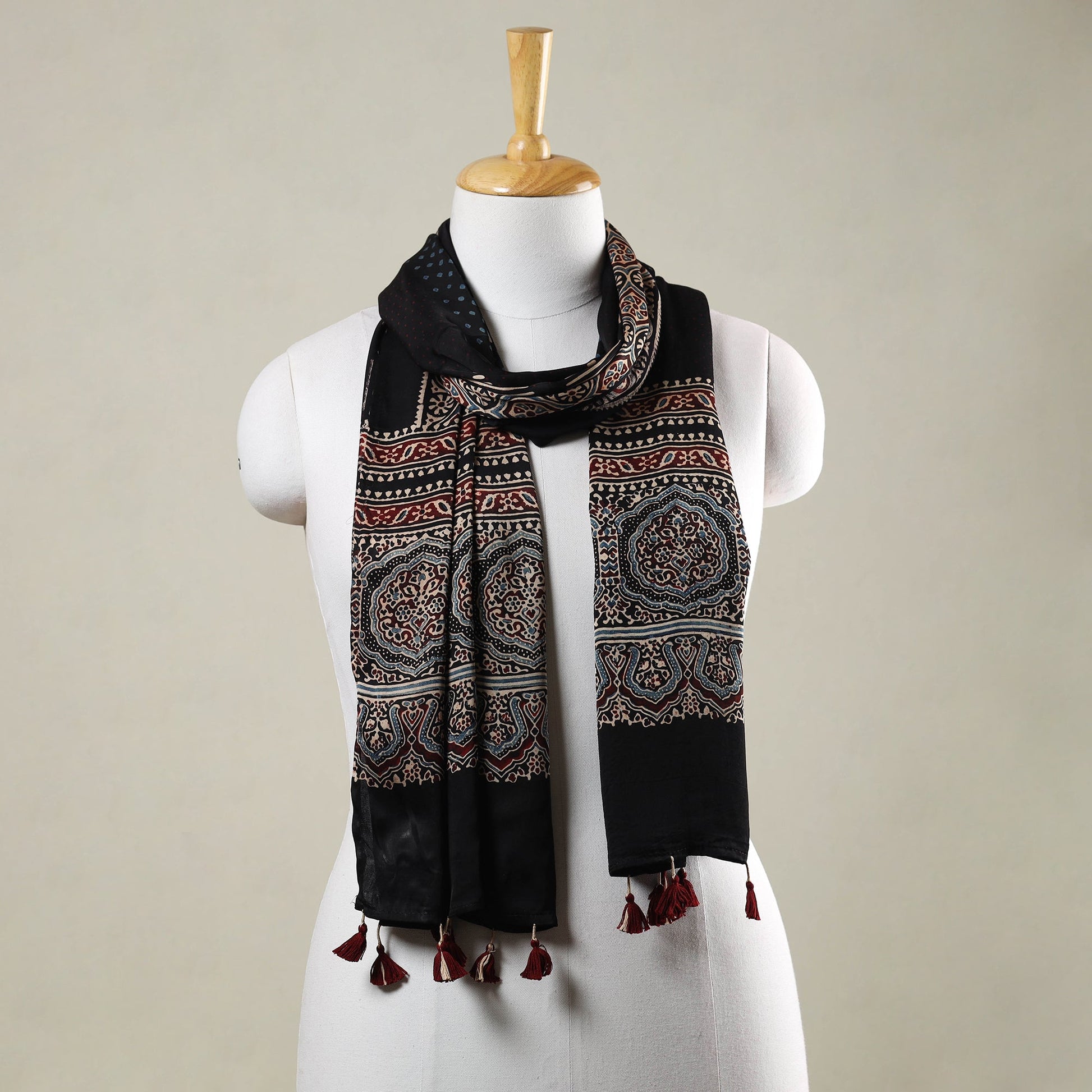 Black - Ajrakh Hand Block Printed Modal Silk Stole with Tassels