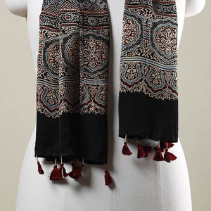 Black - Ajrakh Hand Block Printed Modal Silk Stole with Tassels