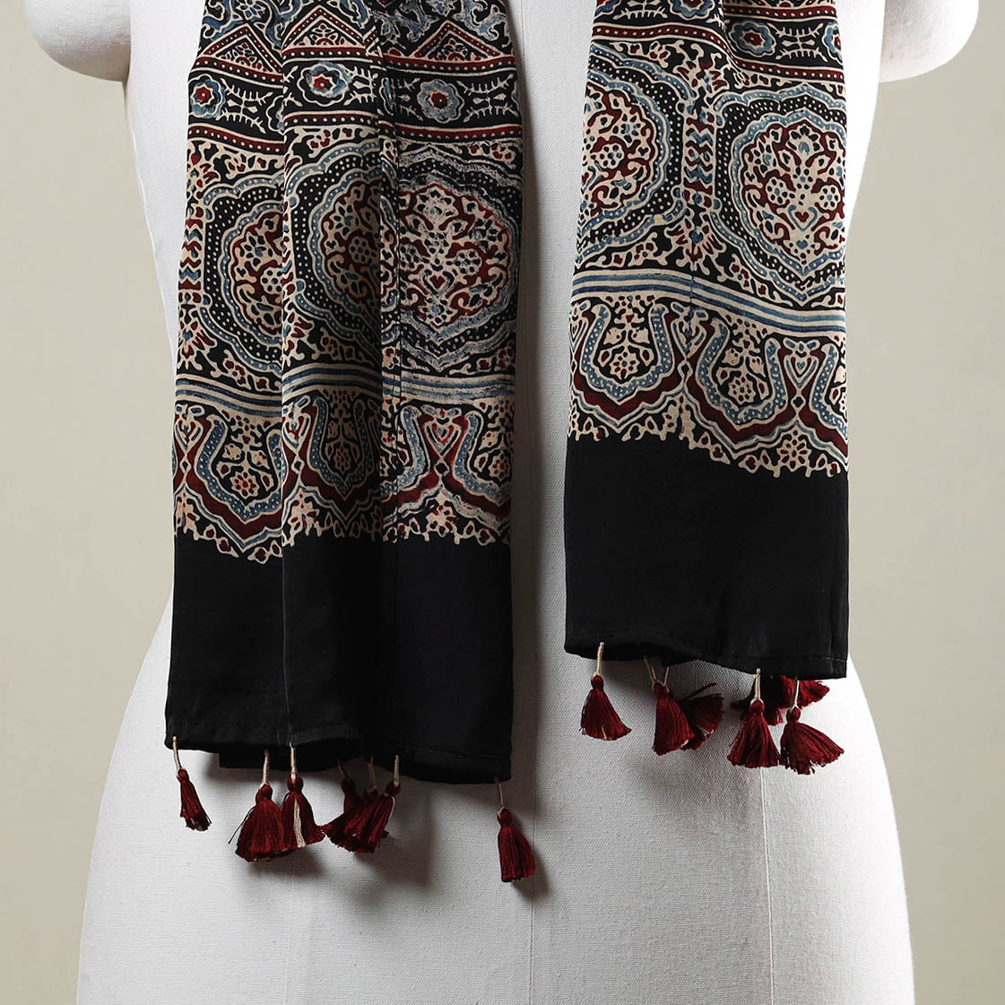 Black - Ajrakh Hand Block Printed Modal Silk Stole with Tassels