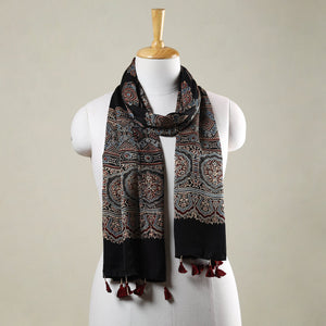 Black - Ajrakh Hand Block Printed Modal Silk Stole with Tassels