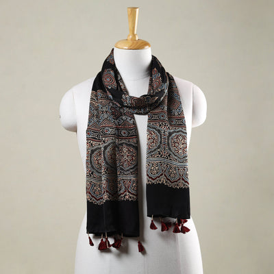 Black - Ajrakh Hand Block Printed Modal Silk Stole with Tassels
