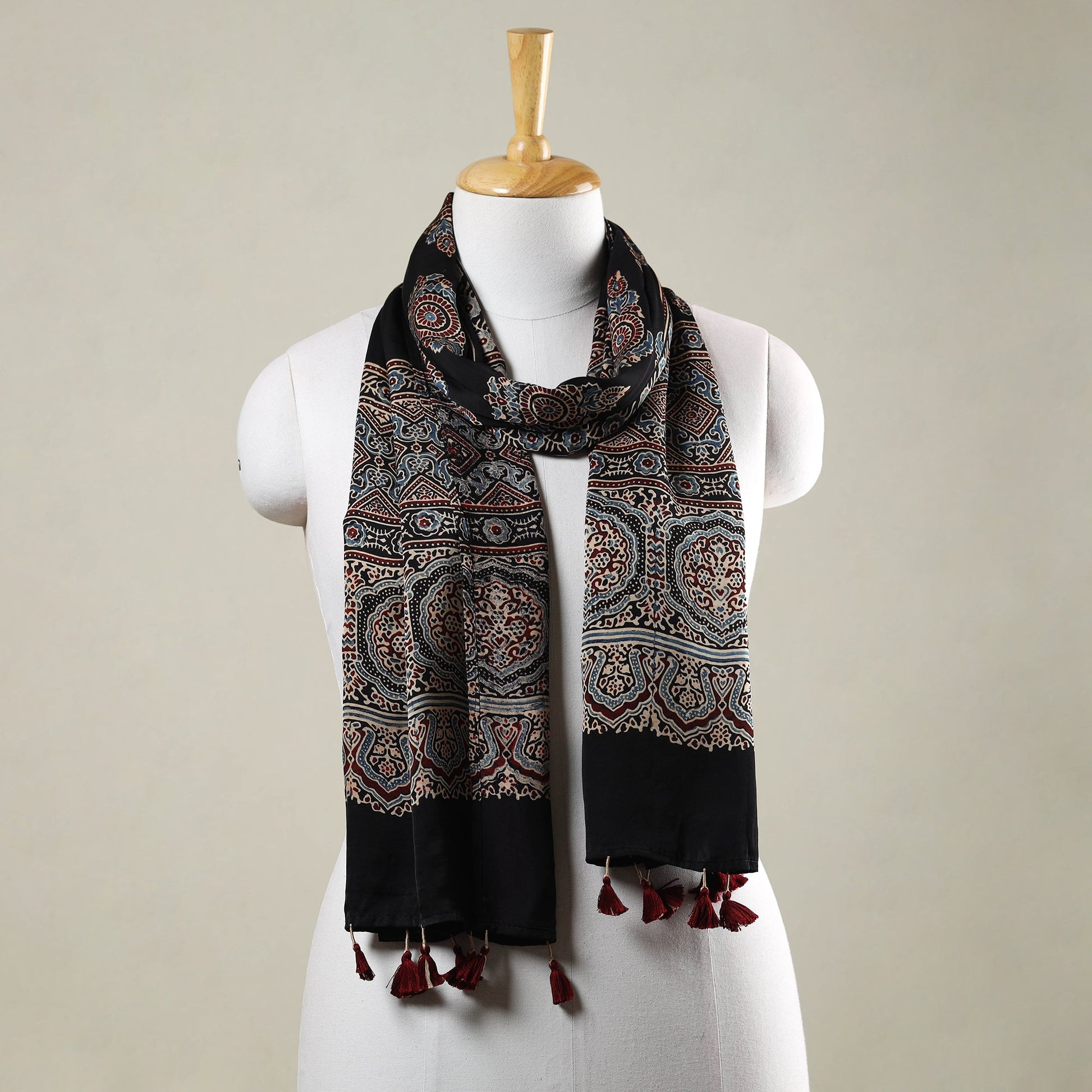 Black - Ajrakh Hand Block Printed Modal Silk Stole with Tassels