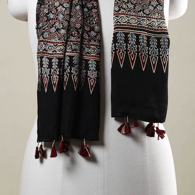 Black - Ajrakh Hand Block Printed Modal Silk Stole with Tassels