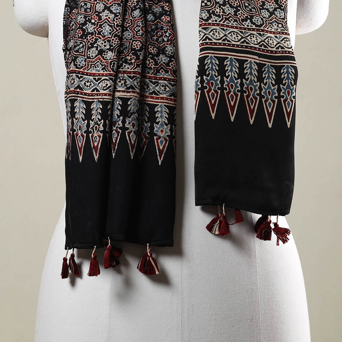 Black - Ajrakh Hand Block Printed Modal Silk Stole with Tassels