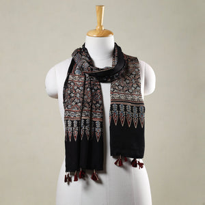 Black - Ajrakh Hand Block Printed Modal Silk Stole with Tassels