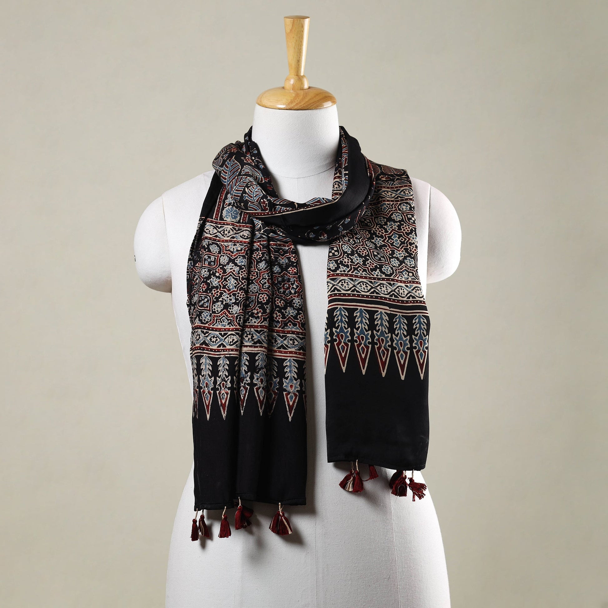 Black - Ajrakh Hand Block Printed Modal Silk Stole with Tassels