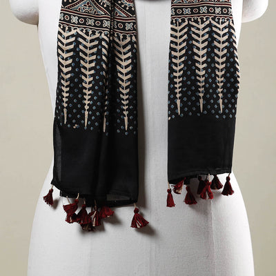 Black - Ajrakh Hand Block Printed Modal Silk Stole with Tassels