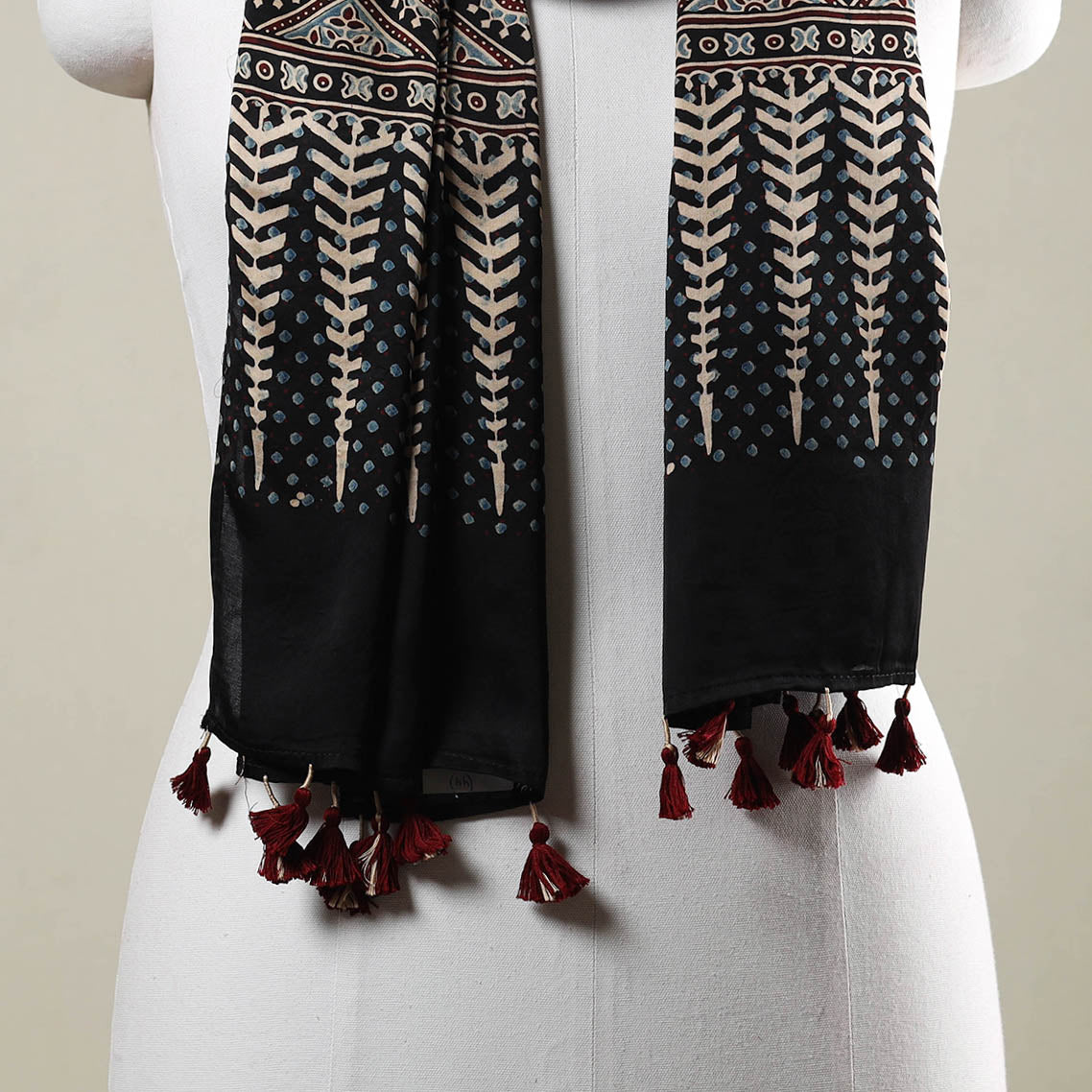 Black - Ajrakh Hand Block Printed Modal Silk Stole with Tassels