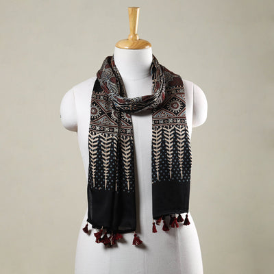 Black - Ajrakh Hand Block Printed Modal Silk Stole with Tassels