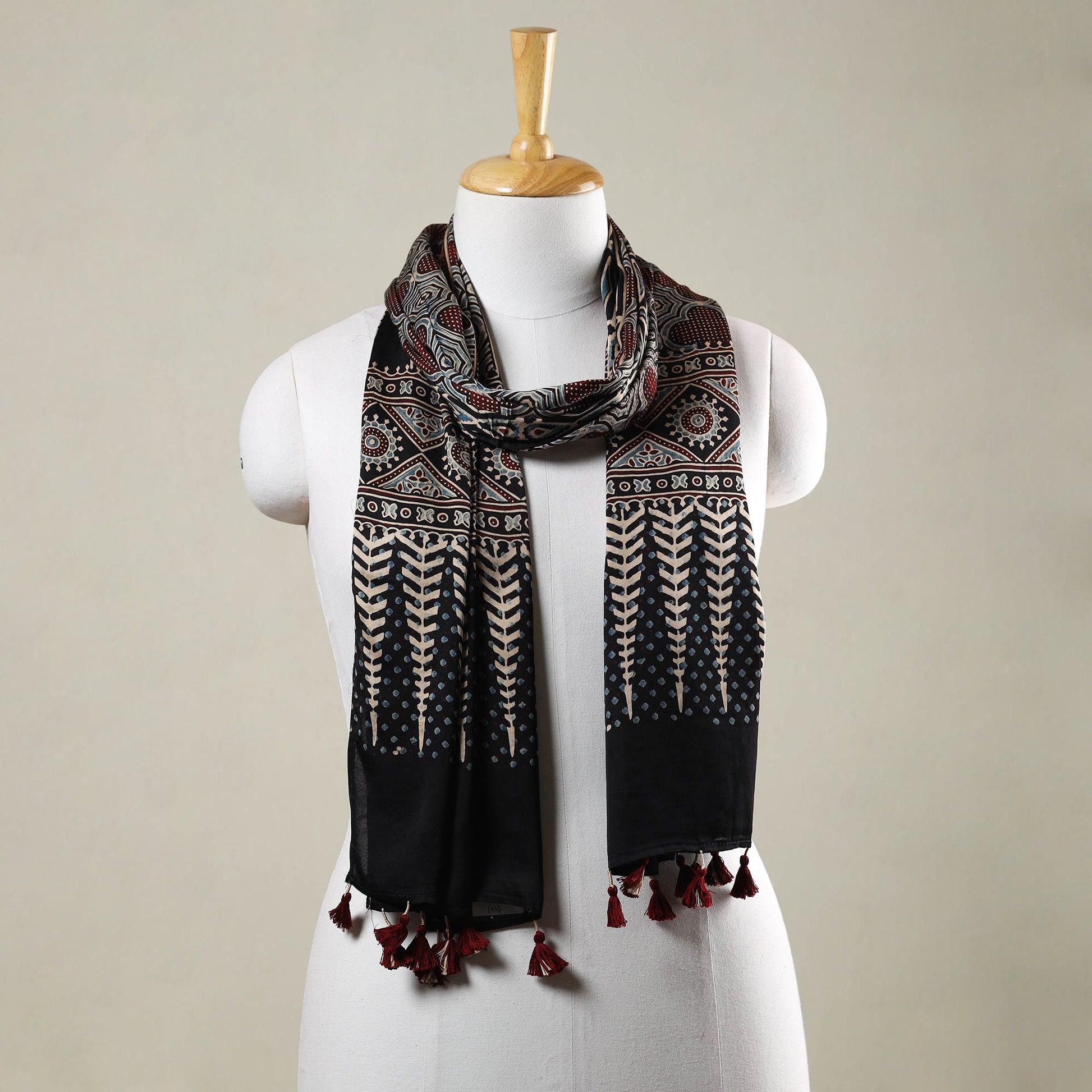 Black - Ajrakh Hand Block Printed Modal Silk Stole with Tassels