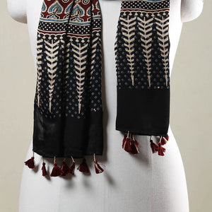 Black - Ajrakh Hand Block Printed Modal Silk Stole with Tassels