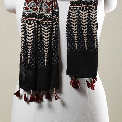 Black - Ajrakh Hand Block Printed Modal Silk Stole with Tassels