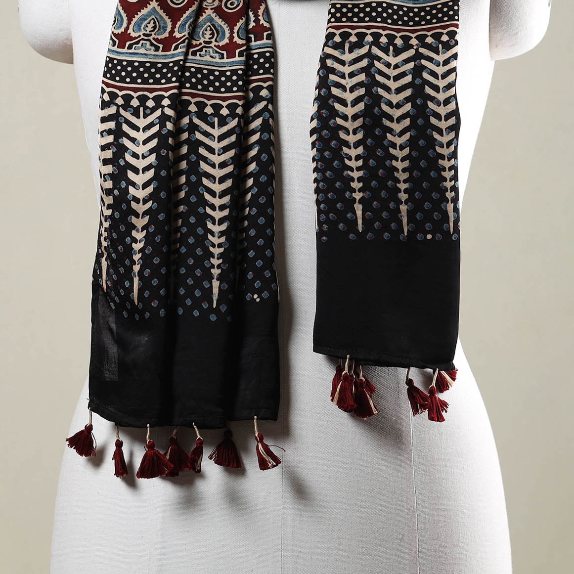 Black - Ajrakh Hand Block Printed Modal Silk Stole with Tassels