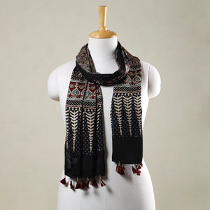 Black - Ajrakh Hand Block Printed Modal Silk Stole with Tassels