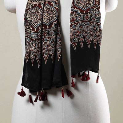 Black - Ajrakh Hand Block Printed Modal Silk Stole with Tassels