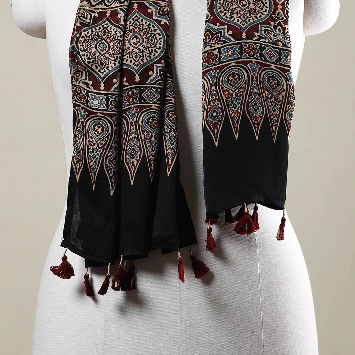 Black - Ajrakh Hand Block Printed Modal Silk Stole with Tassels