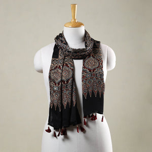 Black - Ajrakh Hand Block Printed Modal Silk Stole with Tassels