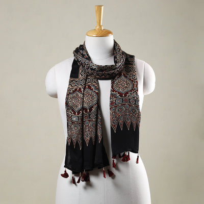 Black - Ajrakh Hand Block Printed Modal Silk Stole with Tassels