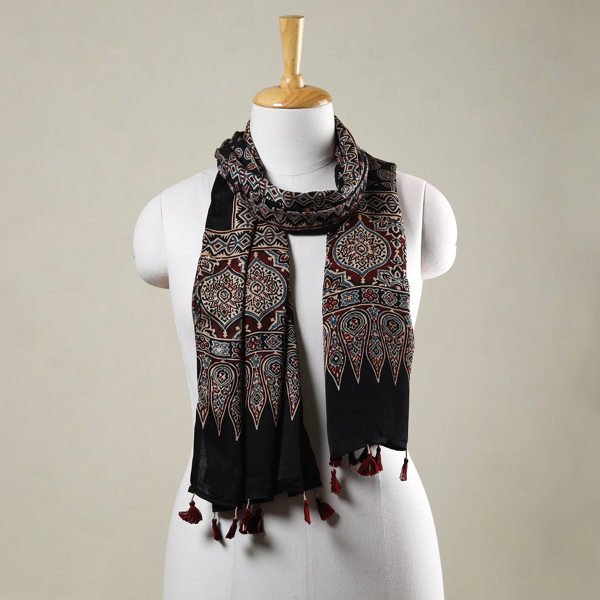 Black - Ajrakh Hand Block Printed Modal Silk Stole with Tassels