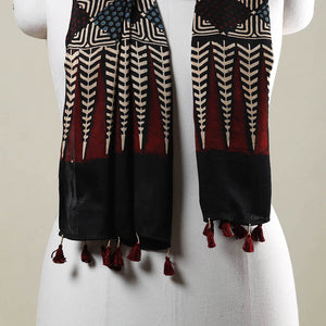 Black - Ajrakh Hand Block Printed Modal Silk Stole with Tassels