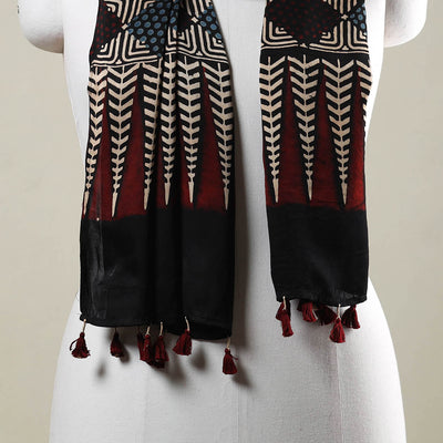 Black - Ajrakh Hand Block Printed Modal Silk Stole with Tassels