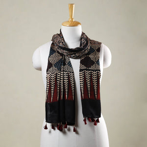 Black - Ajrakh Hand Block Printed Modal Silk Stole with Tassels