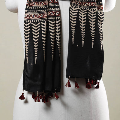 Black - Ajrakh Hand Block Printed Modal Silk Stole with Tassels
