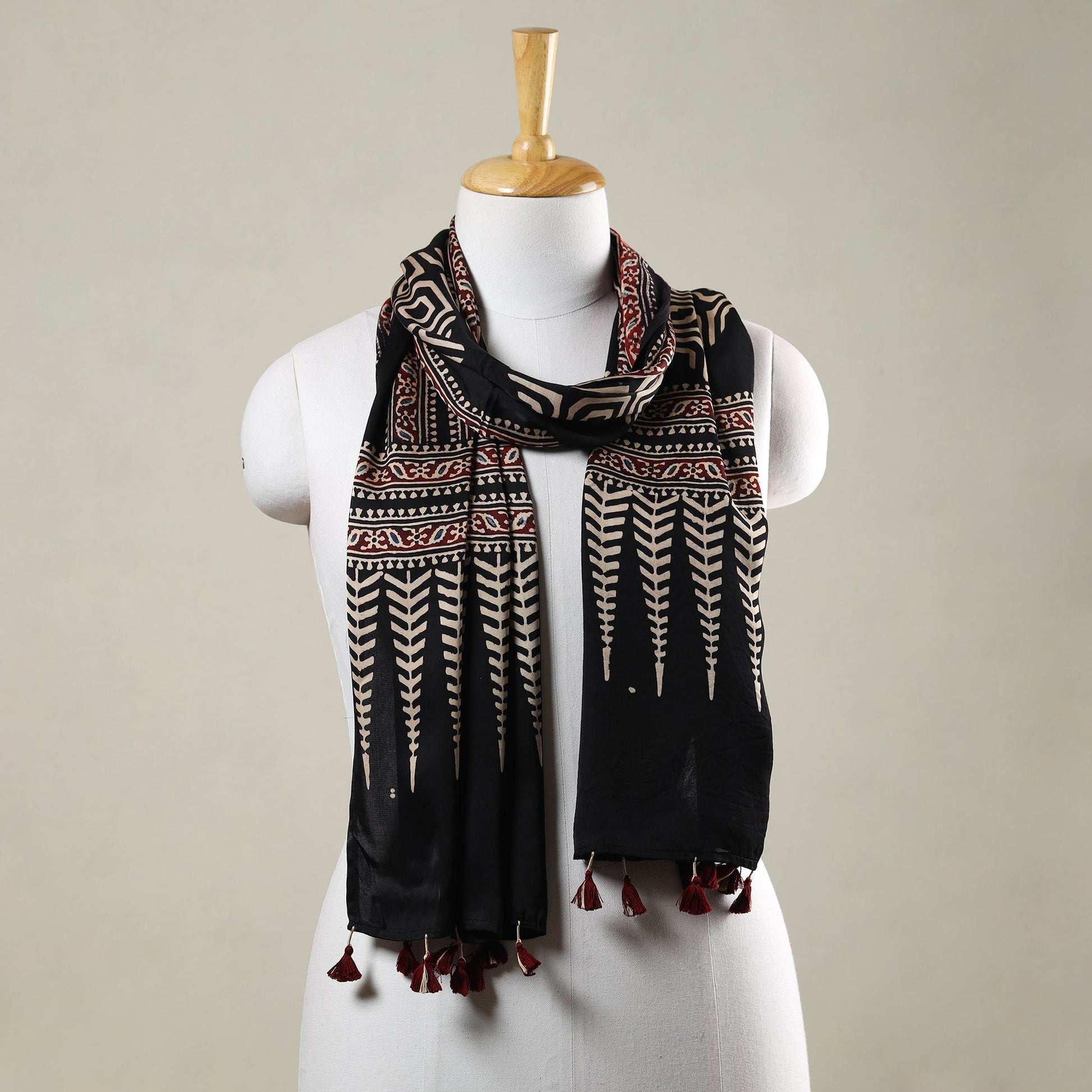 Black - Ajrakh Hand Block Printed Modal Silk Stole with Tassels