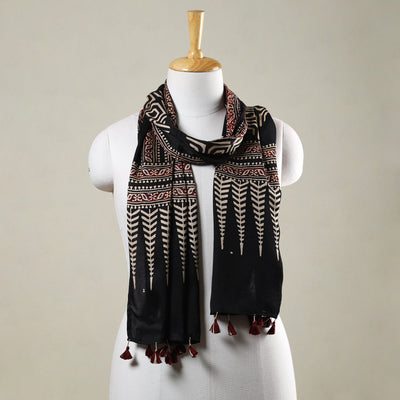 Black - Ajrakh Hand Block Printed Modal Silk Stole with Tassels