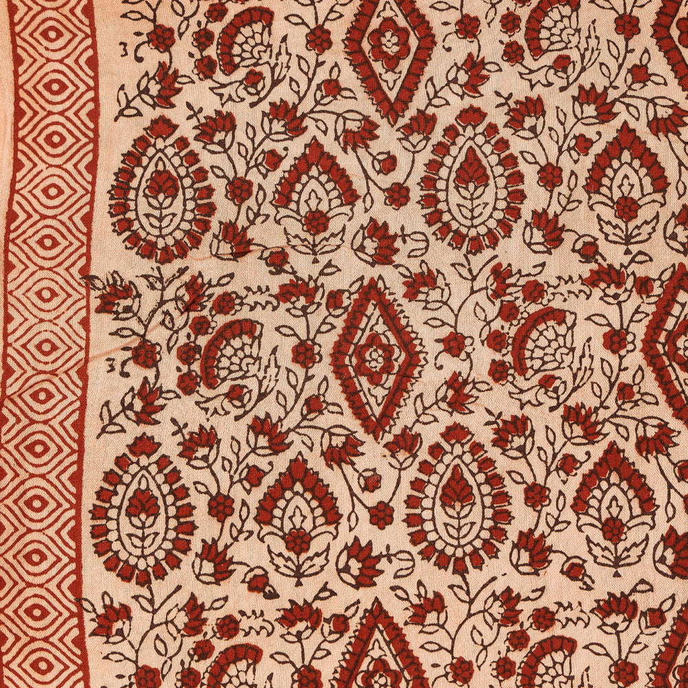 Beige - Handspun Handwoven Mulberry Silk Cotton Bagh Print Fabric