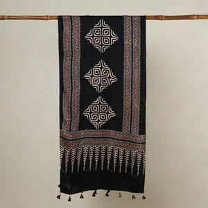 Black - Ajrakh Hand Block Printed Modal Silk Stole with Tassels