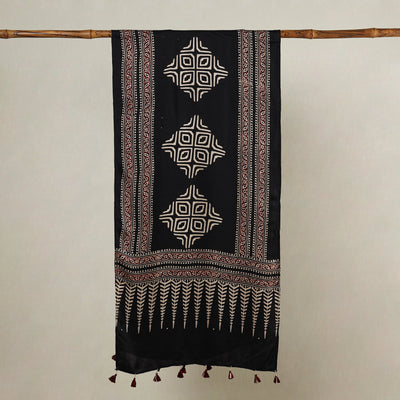 Black - Ajrakh Hand Block Printed Modal Silk Stole with Tassels